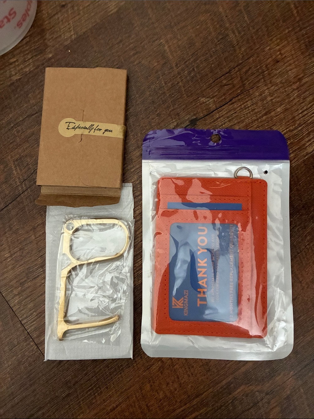 RFID blocking leather card holder with Ahfulife brass contactless door opener